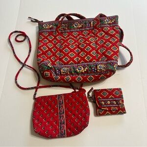 Vera Bradley Betsy “Villa Red” Quilted Cotton Retired Shoulder Bag 3 Piece Set
